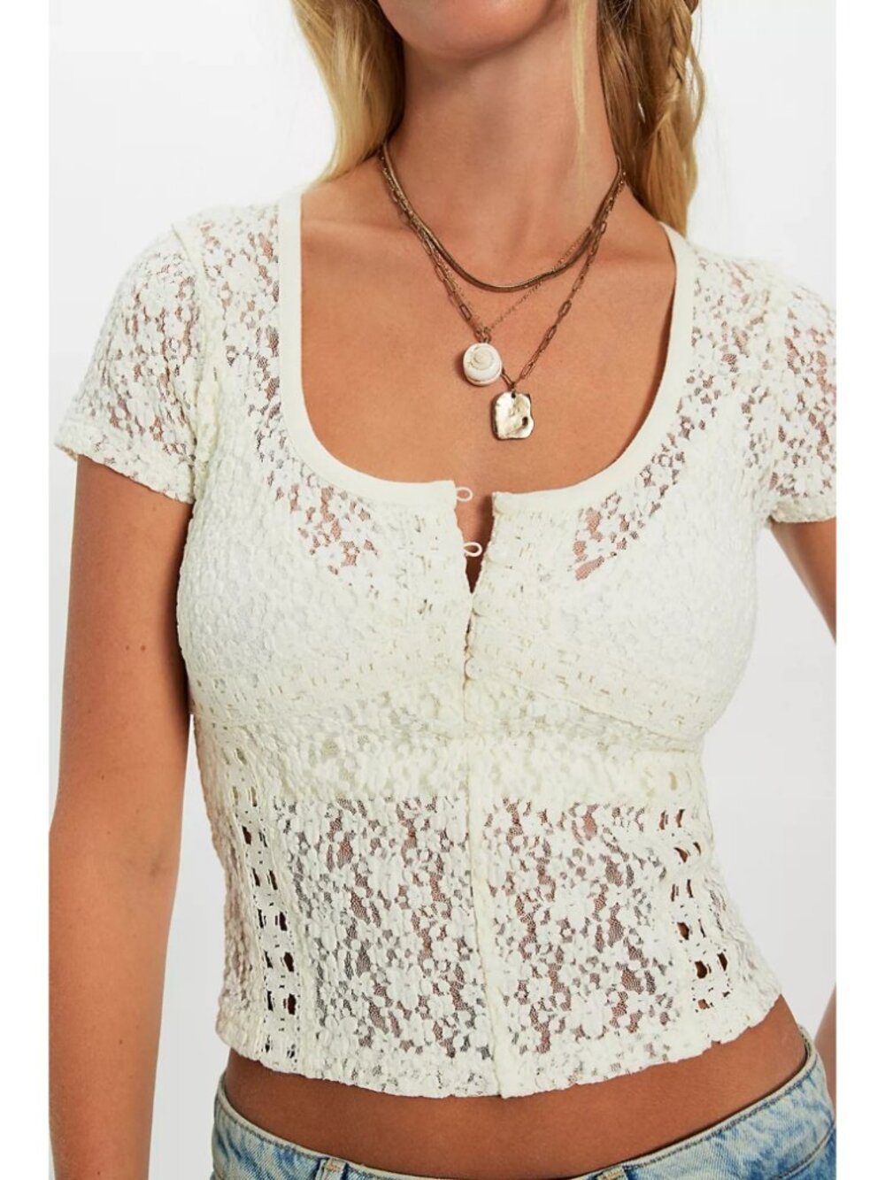 Free People Claro Lace Tee Cream Cropped Ethereal Peasant Size XS NWOT